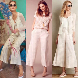 Anthropologie Pants Women's 6 Elevenses Windowpane Culottes Linen Blend Coastal